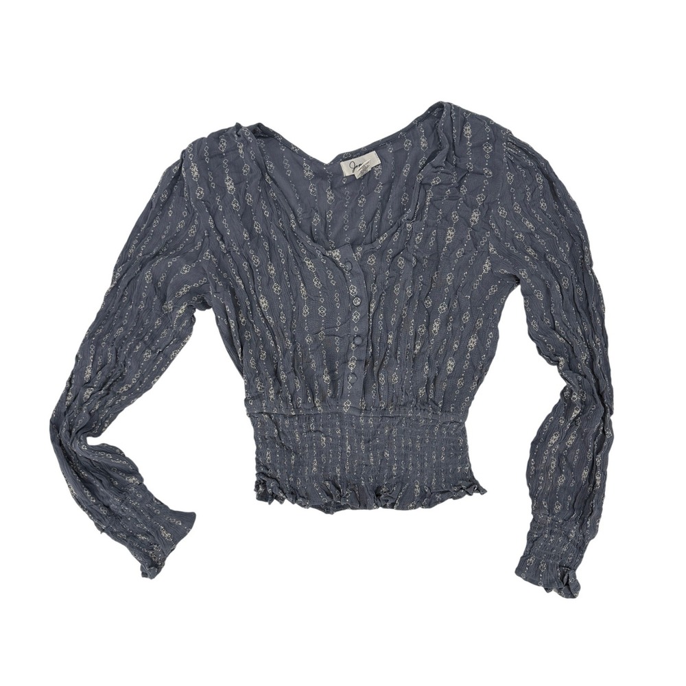 Joyous Y2K XS Blue Boho Smocked Waist Peasant Top Long Sleeve V-Neck